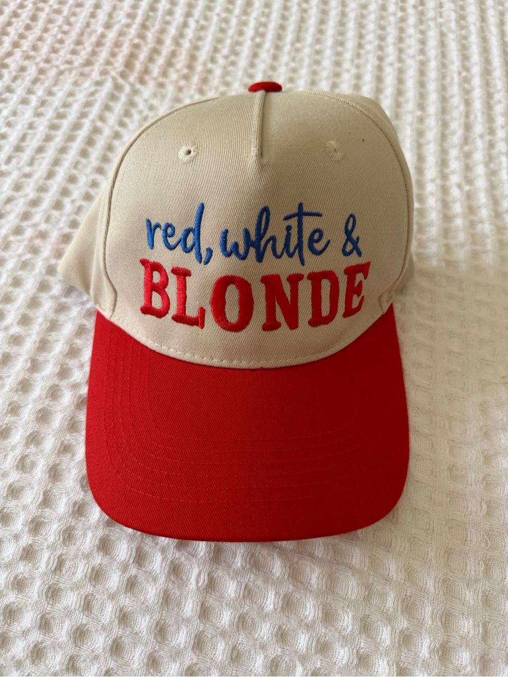 Red, White & Blonde Embroidered Baseball Cap Trucker hat